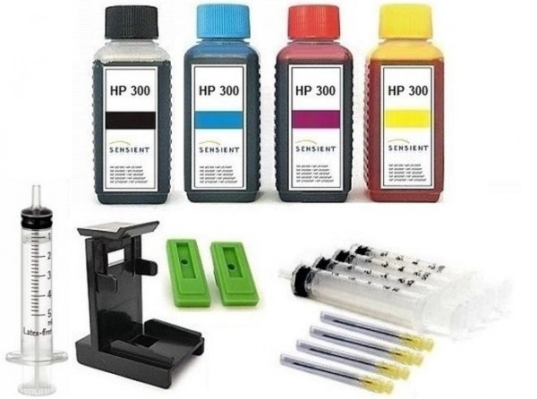 Nachfüllset für HP 300 (XL) black + color Tintenpatronen - 4 x 100 ml Sensient Tinte + Zubehör
