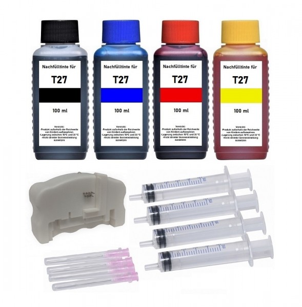 Nachfüllset 400 ml Tinte + Chipresetter für Epson Tintenpatronen T2701-T2704, T2711-T2714, T27XL