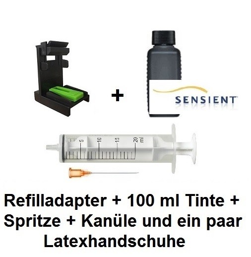 Befülladapter + 100 ml SENSIENT Nachfüll-Tinte HPB-9800 schwarz für HP 62 black (XL)