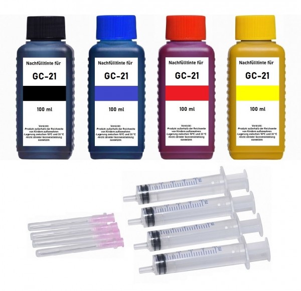 Nachfüllset für Ricoh Tintenpatronen GC-21 black, cyan, magenta, yellow - 4 x 100 ml Tinte + Zubehör
