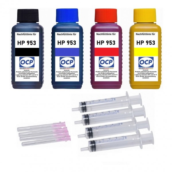 Nachfüllset für HP 953 black, cyan, magenta, yellow Tintenpatronen - 4 x 100 ml OCP Tinte + Zubehör
