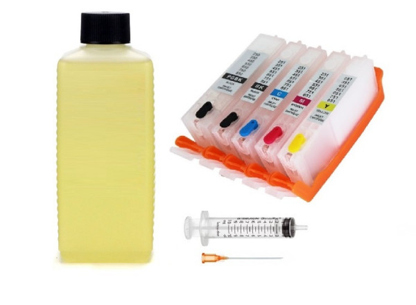 Reinigungspatronen - 5 wiederbefüllbare Patronen Canon PGI-550 &amp; CLI-551 + 500 ml Druckkopf-Reiniger