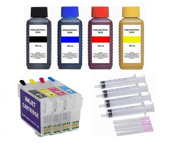 Wiederbefüllbare Tintenpatronen wie Epson T16 XL + 4 x 100 ml Dye-Sublimationstinten