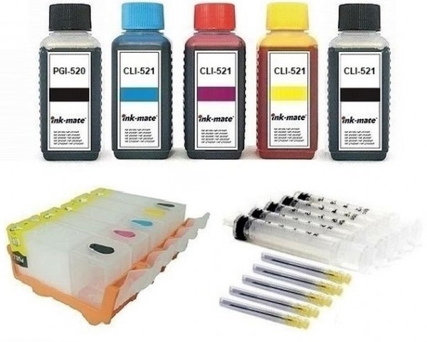 5 wiederbefüllbare QUICKFILL-FILL-IN Patronen wie Canon PGI-520 & CLI-521 + 500 ml INK-MATE Tinten