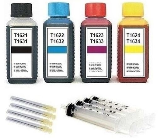 Nachfüllset für Epson Tintenpatronen T1621-T1624, T1631-T1634, T16 XL - 4 x 100 ml Tinte + Zubehör