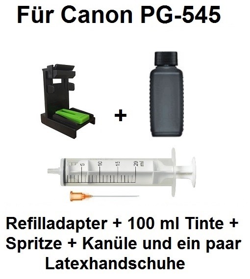 Befülladapter + 100 ml INK-MATE Nachfüll-Tinte black für Canon PG-545 (XL)
