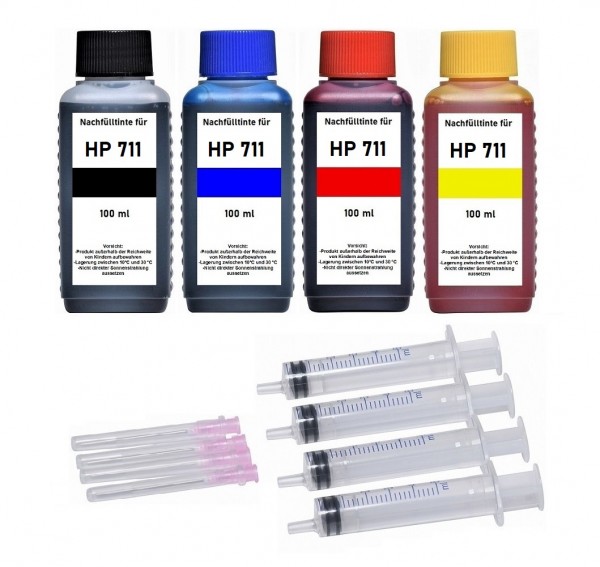 Nachfüllset für HP 711 (XL) black, cyan, magenta, yellow Druckerpatronen - 4 x 100 ml Tinte + Zubehö