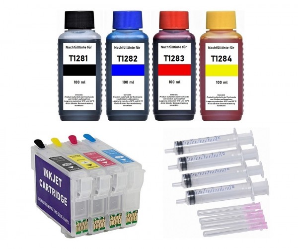 Wiederbefüllbare Tintenpatronen wie Epson T1281-T1284 + 400 ml Nachfülltinte