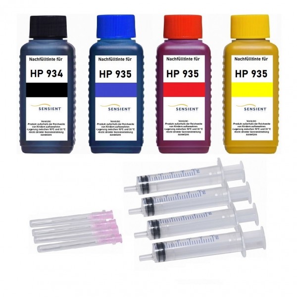 Nachfüllset für HP 934 black + 935 cyan, magenta, yellow Tintenpatronen - 4 x 100 ml Sensient Tinte