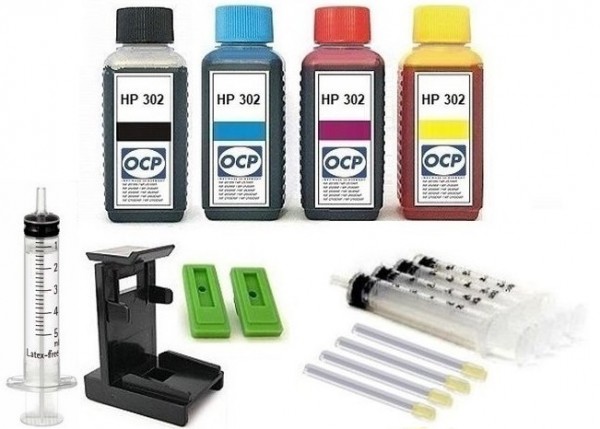 Nachfüllset für HP 302 (XL) black + color Tintenpatronen - 4 x 100 ml OCP Tinte + Zubehör