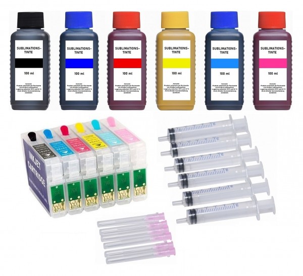 Wiederbefüllbare Tintenpatronen wie Epson T0801-T0806 + 6 x 100 ml Dye-Sublimationstinten