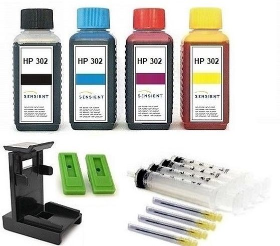 Nachfüllset für HP 302 (XL) black + color Tintenpatronen - 4 x 100 ml Sensient Tinte + Zubehör