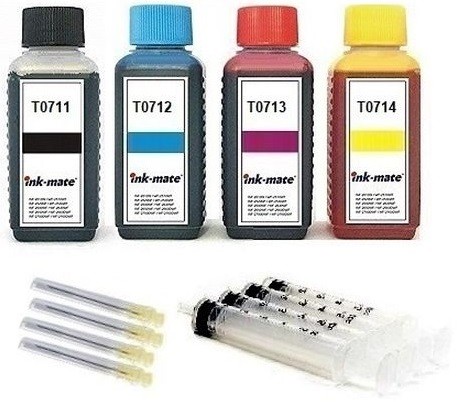 Nachfüllset für Epson Tintenpatronen T0711-T0714, T0611-T0614... - 4 x 100 ml Tinte + Zubehör