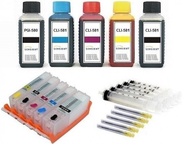 5 wiederbefüllbare QUICKFILL-FILL-IN Patronen wie Canon PGI-580 & CLI-581 + 500 ml Sensient Tinten
