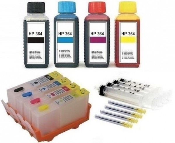Wiederbefüllbare Tintenpatronen wie HP 364 XL - 4 Patronen + 400 ml Nachfülltinte