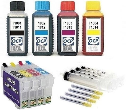 Wiederbefüllbare QUICKFILL-FILL-IN Patronen wie Epson T1811-T1814, T18 XL + 400 ml OCP Tinten