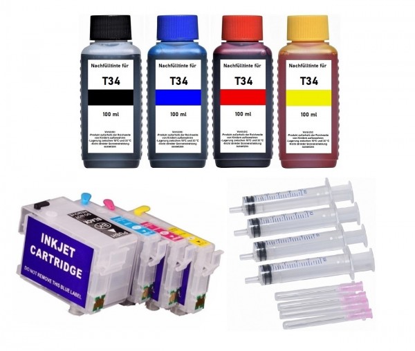 Wiederbefüllbare Tintenpatronen Epson T3471-T3474, T34XL + 400 ml Nachfülltinte