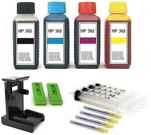 Nachfüllset für HP 302 (XL) black + color Tintenpatronen - 4 x 100 ml Nachfülltinte + Zubehör