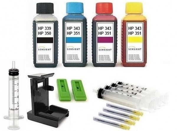 Nachfüllset für HP 350 black + 351 color (XL) Tintenpatronen - 4 x 100 ml Sensient Tinte + Zubehör