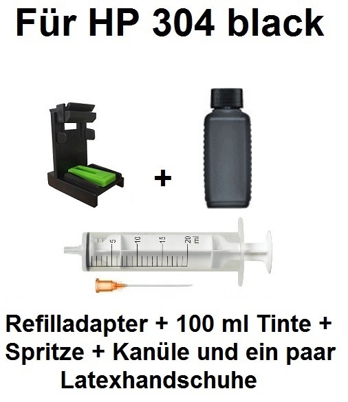 Befülladapter + 100 ml INK-MATE Nachfüll-Tinte schwarz für HP 304 black (XL)