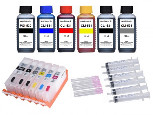 6 wiederbefüllbare Tintenpatronen Canon PGI-530 &amp; CLI-531 + 600 ml Nachfülltinte
