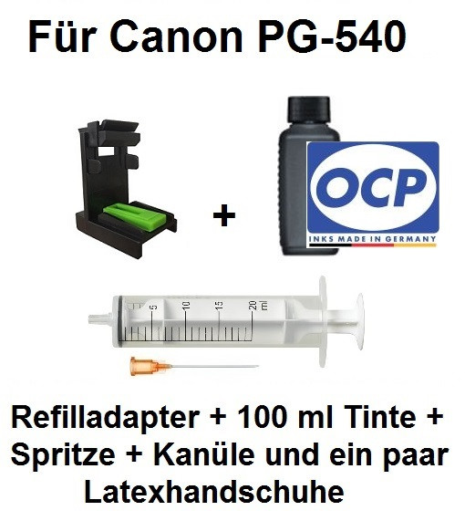 Befülladapter + 100 ml OCP Nachfüll-Tinte BKP 44 black für Canon PG-540 (XL)