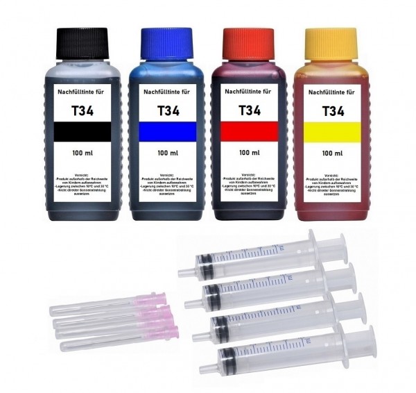 Nachfüllset für Epson Tintenpatronen T3461-T3464, T3471-T3474, T34XL - 4 x 100 ml Tinte + Zubehör