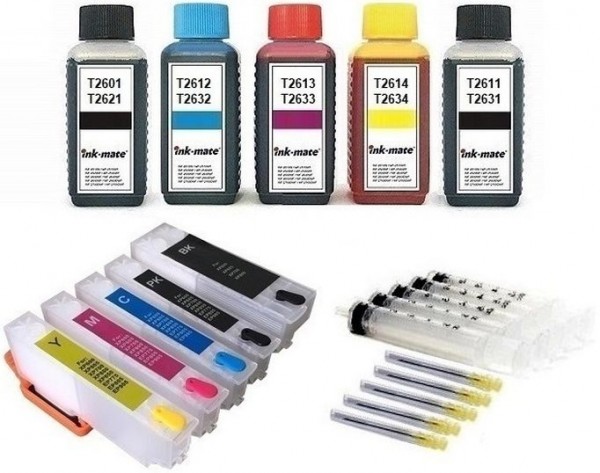 Wiederbefüllbare QUICKFILL-FILL-IN Patronen wie Epson T2621 + T2631-T2634 + 500 ml INK-MATE Tinten