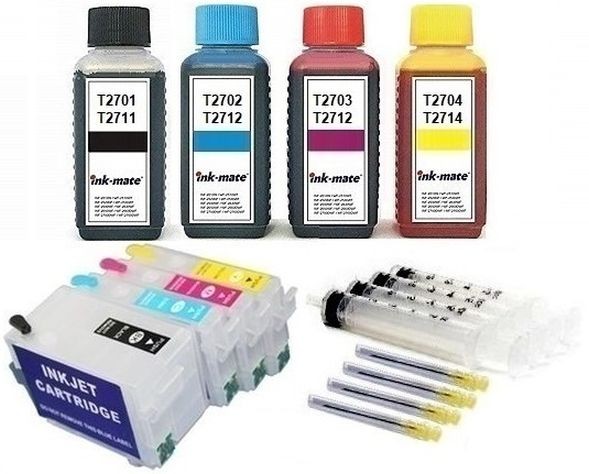 Wiederbefüllbare QUICKFILL-FILL-IN Patronen wie Epson T2711-T2714, T27 XL + 400 ml INK-MATE Tinten