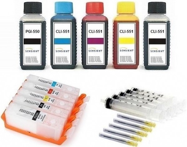 5 wiederbefüllbare QUICKFILL-FILL-IN Patronen wie Canon PGI-550 & CLI-551 + 500 ml SENSIENT Tinten