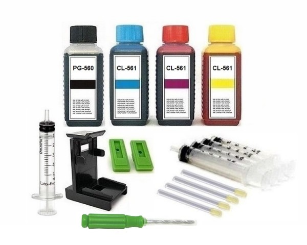 Nachfüllset für Canon Tintenpatronen PG-560 (XL) + CL-561 (XL) - 4 x 100 ml Nachfülltinte + Zubehör