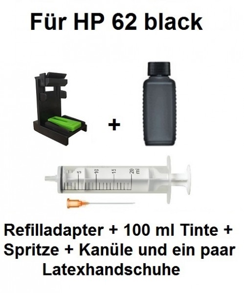 Befülladapter + 100 ml INK-MATE Nachfüll-Tinte schwarz für HP 62 black (XL)