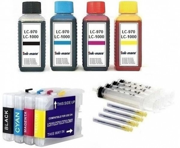 Wiederbefüllbare QUICKFILL-FILL-IN Patronen wie Brother LC-970, LC-1000 + 400 ml INK-MATE Tinten