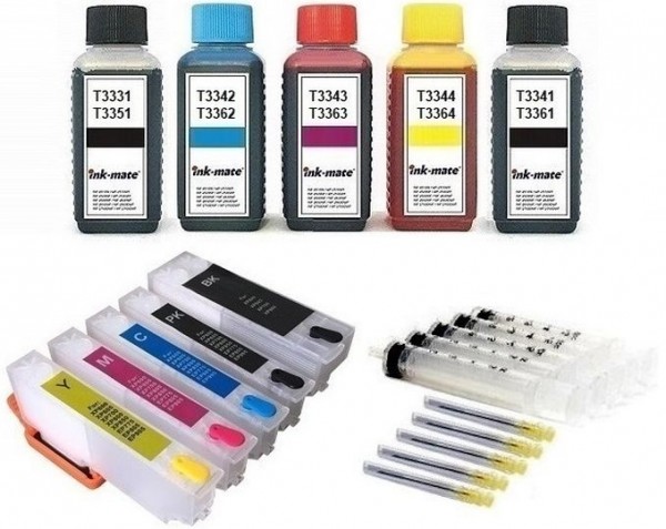 Wiederbefüllbare QUICKFILL-FILL-IN Patronen wie Epson T33 XL + 500 ml INK-MATE Tinten