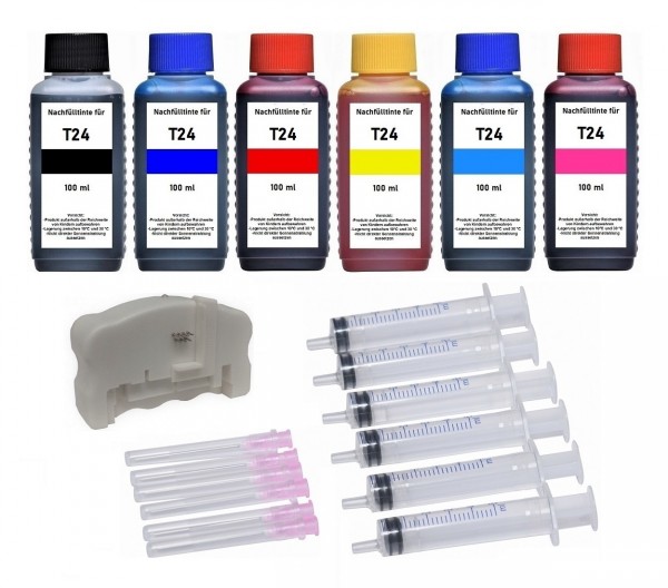 Nachfüllset 600 ml Tinte + Chipresetter für Epson Tintenpatronen T2421-T2426, T2431-T2436, T24 XL