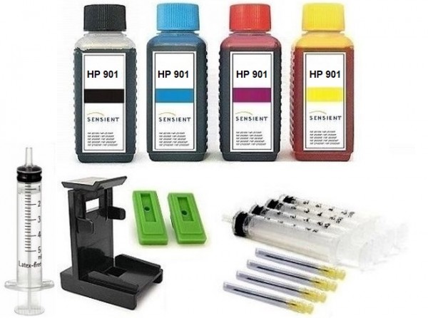 Nachfüllset für HP 901 (XL) black + color Tintenpatronen - 4 x 100 ml Sensient Tinte + Zubehör