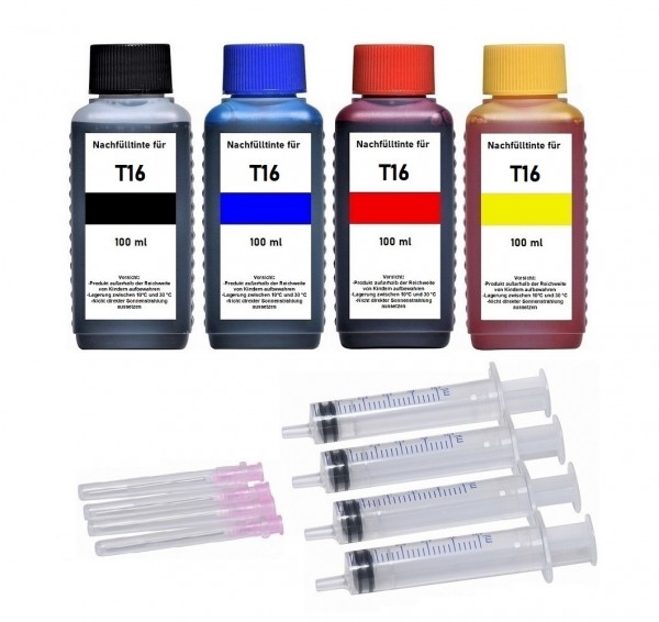 Nachfüllset für Epson Tintenpatronen T1621-T1624, T1631-T1634, T16XL - 4 x 100 ml Tinte + Zubehör