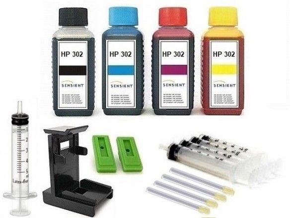 Nachfüllset für HP 302 (XL) black + color Tintenpatronen - 4 x 100 ml Sensient Tinte + Zubehör