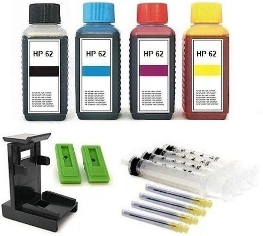 Nachfüllset für HP 62 (XL) black + color Tintenpatronen - 4 x 100 ml Nachfülltinte + Zubehör