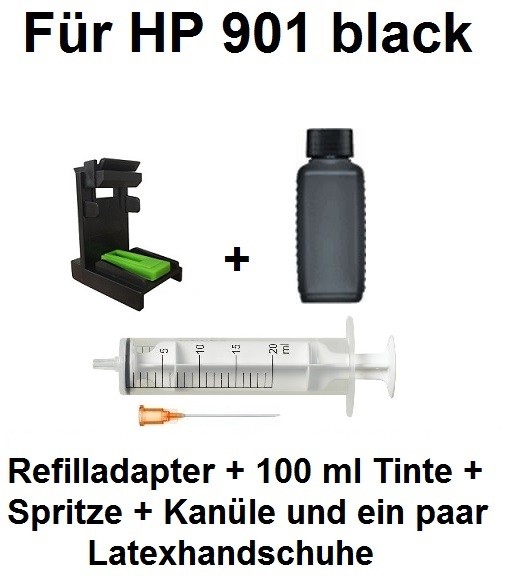 Befülladapter + 100 ml INK-MATE Nachfüll-Tinte schwarz für HP 901 black (XL)