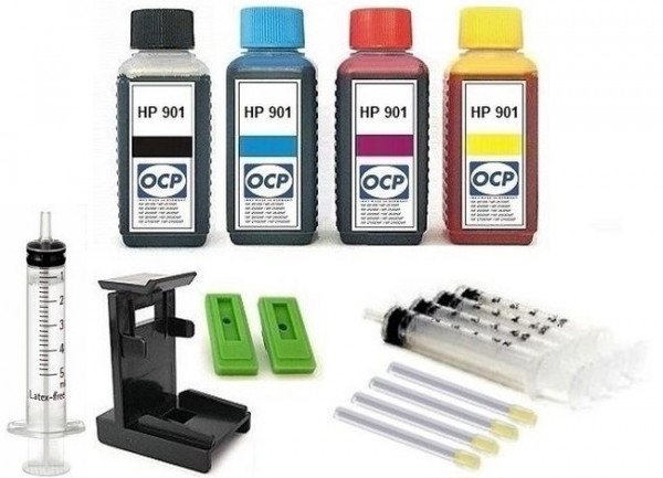 Nachfüllset für HP 901 (XL) black + color Tintenpatronen - 4 x 100 ml OCP Tinte + Zubehör