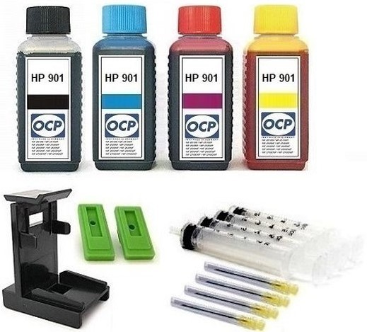 Nachfüllset für HP 901 (XL) black + color Tintenpatronen - 4 x 100 ml OCP Tinte + Zubehör