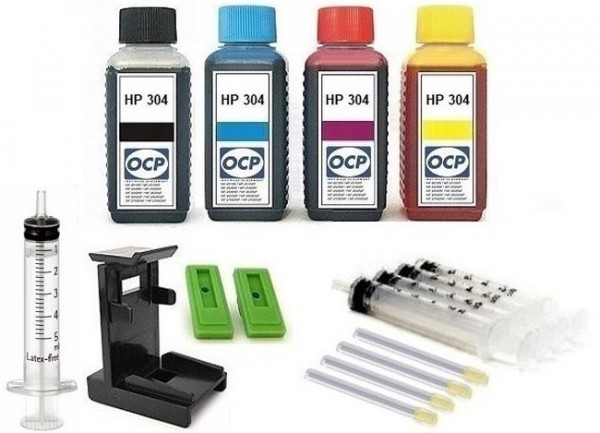 Nachfüllset für HP 304 (XL) black + color Tintenpatronen - 4 x 100 ml OCP Tinte + Zubehör