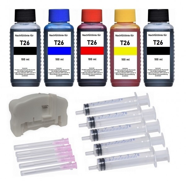 Nachfüllset 500 ml Tinte + Chipresetter für Epson Tintenpatronen T2621 + T2631 - T2634, T26XL