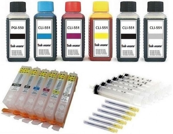 6 wiederbefüllbare QUICKFILL-FILL-IN Patronen wie Canon PGI-550 & CLI-551 + 600 ml INK-MATE Tinten