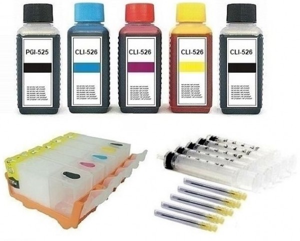 5 wiederbefüllbare QUICKFILL-FILL-IN Patronen wie Canon PGI-525 & CLI-526 + 500 ml Nachfülltinte