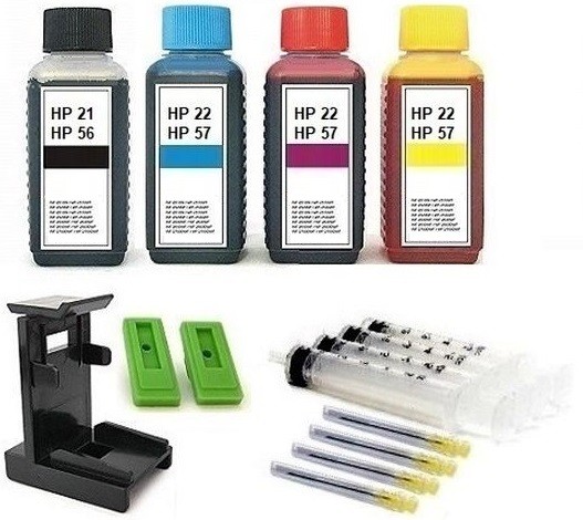 Nachfüllset für HP 21, 22, 27, 28, 56, 57 Tintenpatronen - 4 x 100 ml Nachfülltinte + Zubehör