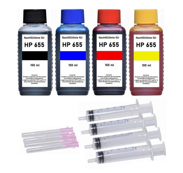 Nachfüllset für HP 655 (XL) black, cyan, magenta, yellow Tintenpatronen - 4 x 100 ml Tinte + Zubehör
