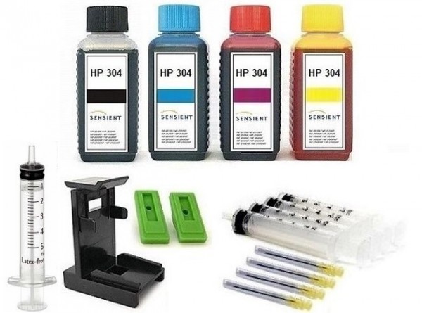 Nachfüllset für HP 304 (XL) black + color Tintenpatronen - 4 x 100 ml Sensient Tinte + Zubehör