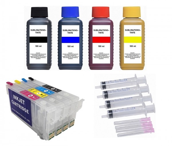 Wiederbefüllbare Tintenpatronen wie Epson T35XL + 4 x 100 ml Sublimationstinte